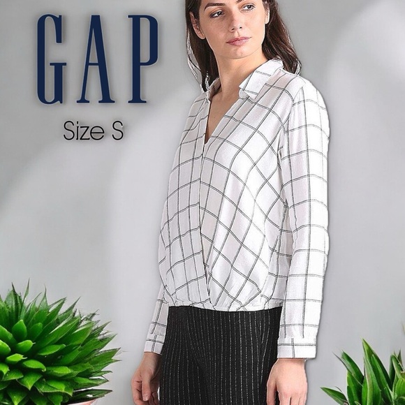 GAP Tops - GAP Women White Windowpane Plaid Wrap-Front Shirt